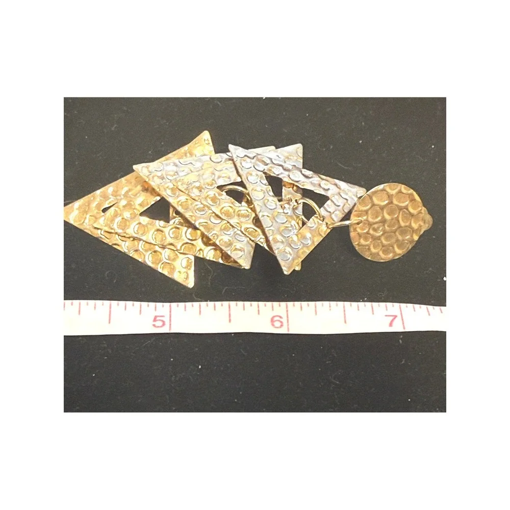 Vintage Two Tone Gold Silver Hammered Tiered Triangle Geometric Clip On Earrings